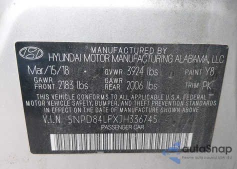 2018 Hyundai Elantra Sel z USA, uszkodzony, nr VIN 5NPD84LFXJH336745